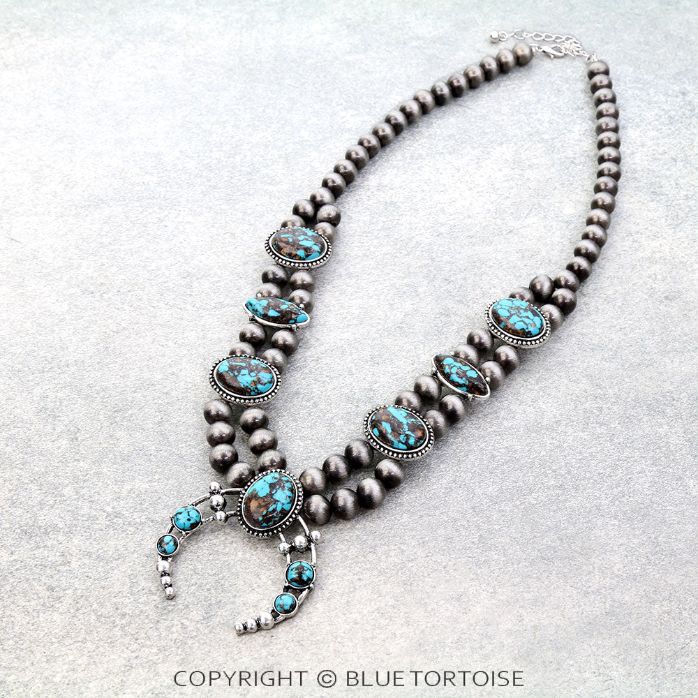 Blue Tortoise Western 3D Ball Squash Blossom Necklace - JN1739