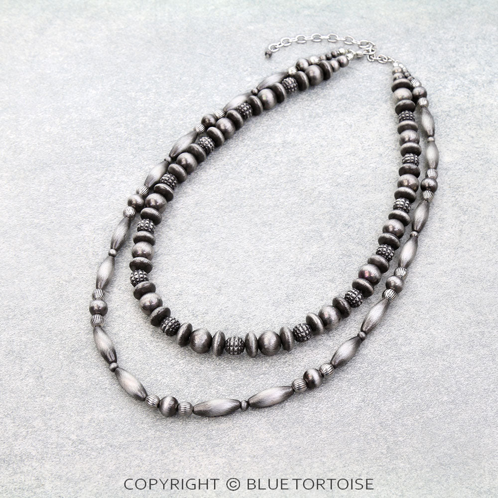 Blue Tortoise 2 Layered Bumpy Navajo Style Pearl Necklace - JN1784