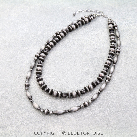 Blue Tortoise 2 Layered Bumpy Navajo Style Pearl Necklace - JN1784