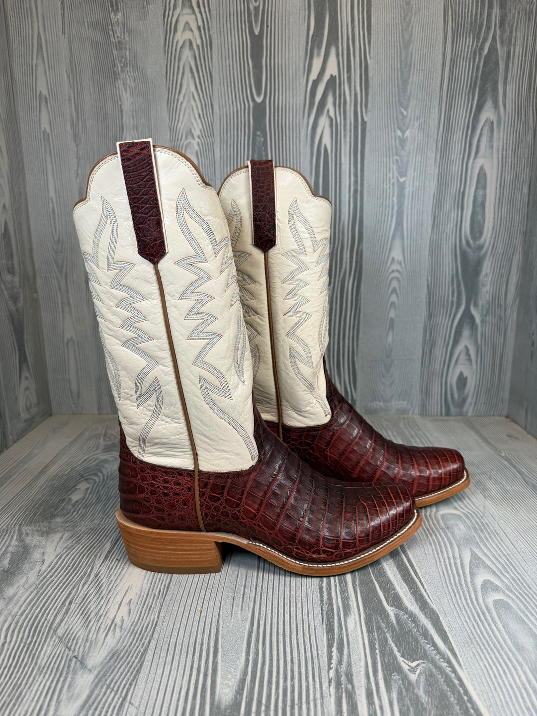 Men's Rios of Mercedes Black Cherry Pull - Up Caiman Belly with 13" Shell Kidskin Tops - Style 128