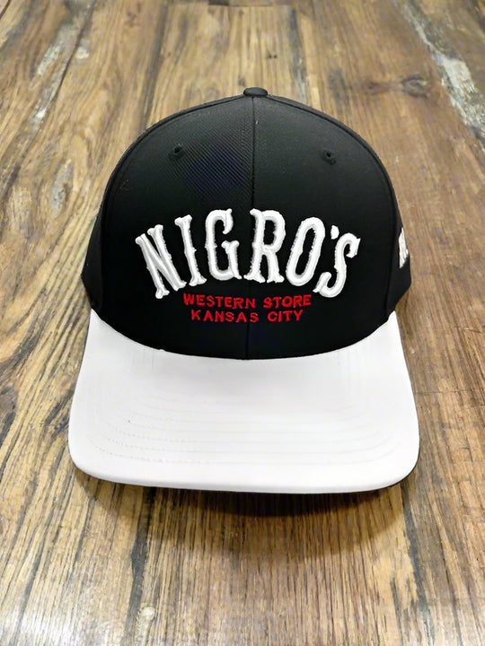 Nigro's Richardon 512 Six Panel White "Nigro's" Arch Black Hat White Bill - NBC 73