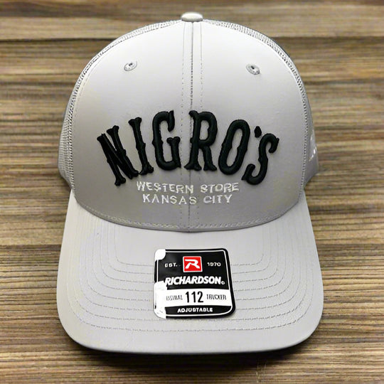 Nigro's Richardson 112 6 Panel "Nigro's" Black Arch Light Grey Cap - NBC #31