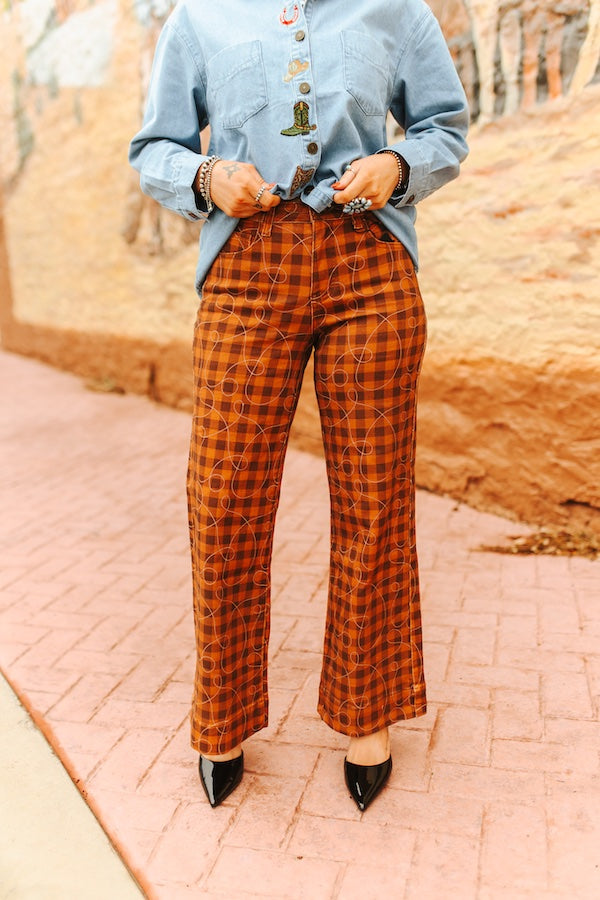 Ladies Lucky & Blessed Brown Plaid Mid Rise Wide Leg Jeans - JE1215-CHD