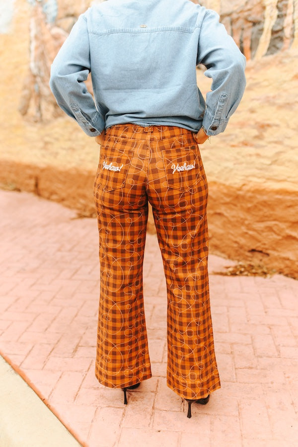 Ladies Lucky & Blessed Brown Plaid Mid Rise Wide Leg Jeans - JE1215-CHD