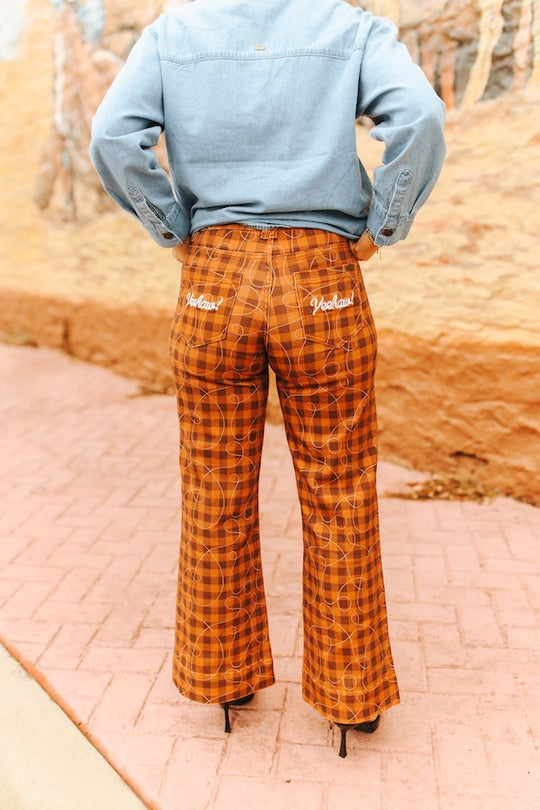 Ladies Lucky & Blessed Brown Plaid Mid Rise Wide Leg Jeans - JE1215-CHD