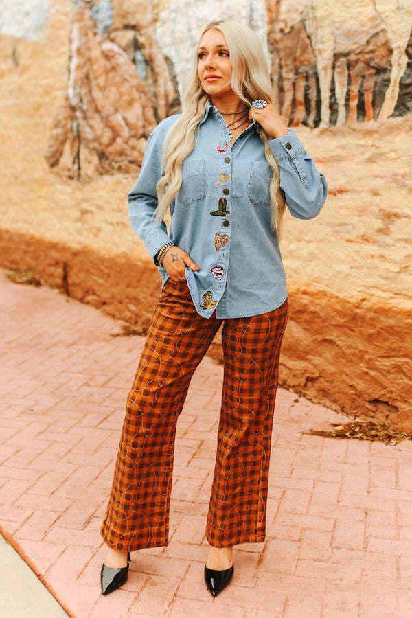 Ladies Lucky & Blessed Brown Plaid Mid Rise Wide Leg Jeans - JE1215-CHD