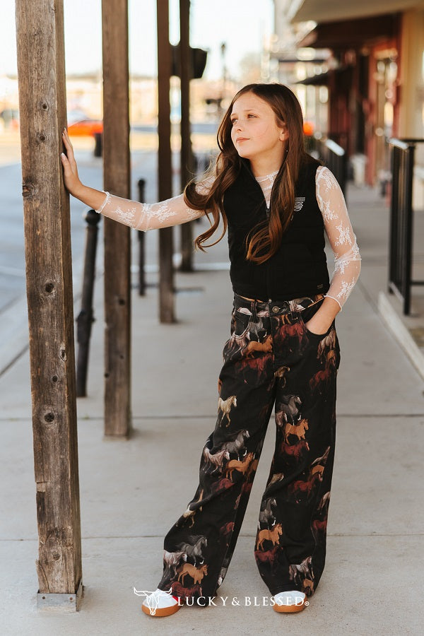 Girls Lucky & Blessed Running Horse High Rise Stretch Denim Wide Leg Jeans - JE564-G-HRS