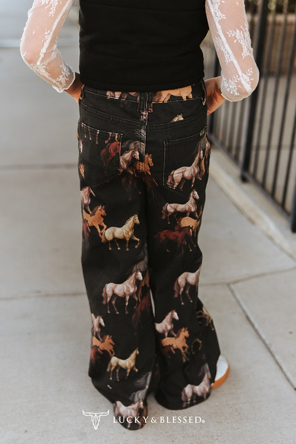 Girls Lucky & Blessed Running Horse High Rise Stretch Denim Wide Leg Jeans - JE564-G-HRS