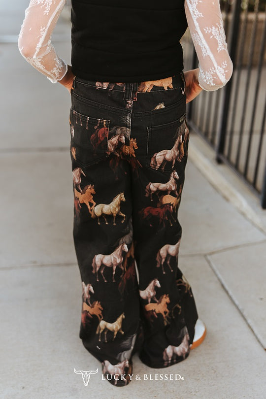 Girls Lucky & Blessed Running Horse High Rise Stretch Denim Wide Leg Jeans - JE564-G-HRS