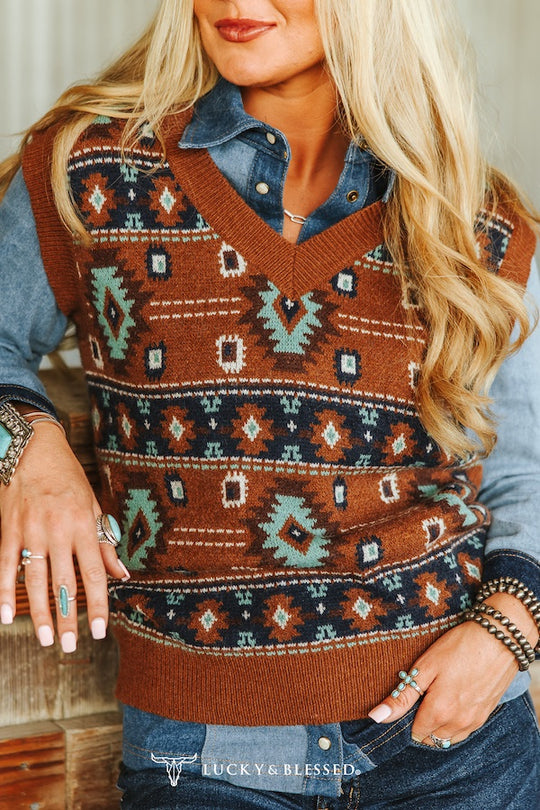 Ladies Lucky & Blessed Brown Turquoise Aztec Knit Vest - JO354