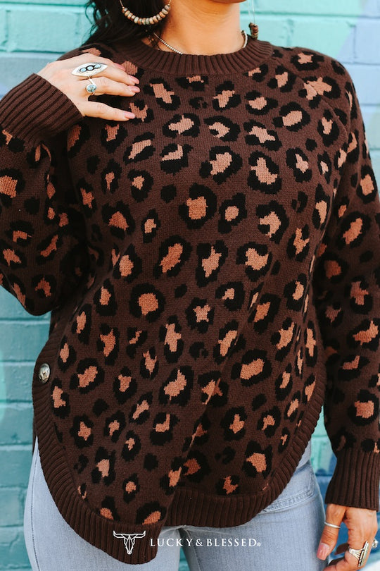 Ladies Lucky & Blessed Leopard Round Hem Sweater - JO419