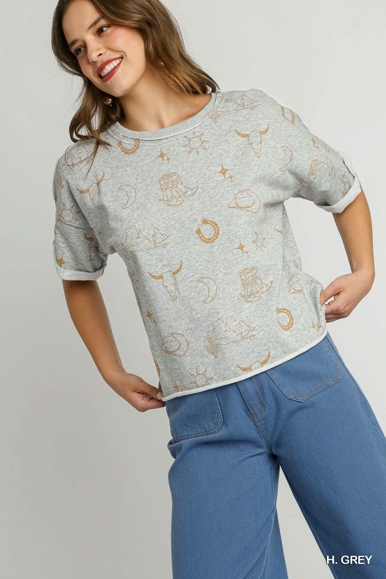 Ladies Umgee Boxy Cut Round Neck French Terry Top with Graphics & Fray