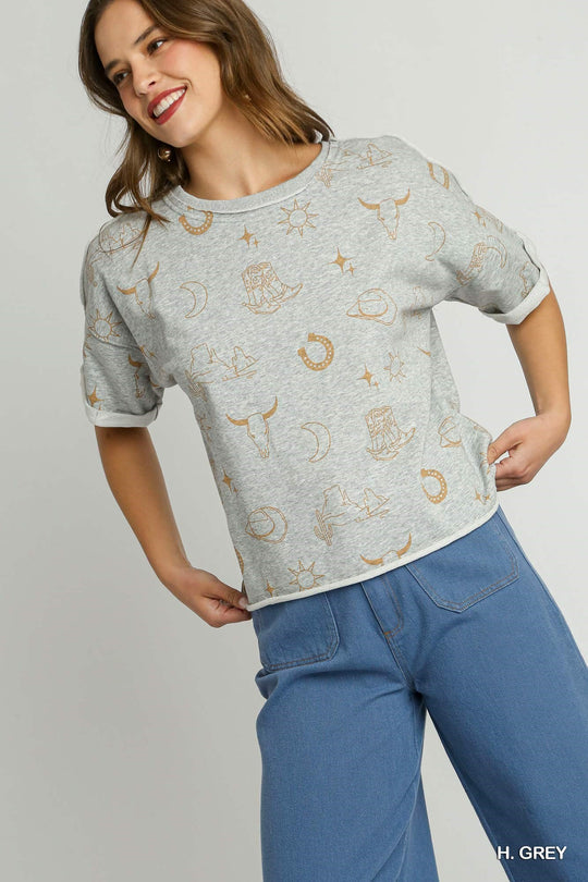 Ladies Umgee Boxy Cut Round Neck French Terry Top with Graphics & Frayed Hem - K8317