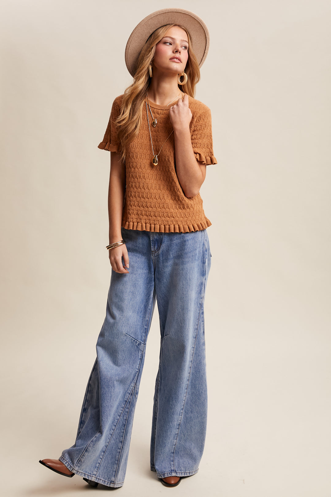 Ladies Listicle Ruffle Hem Textured Knit Top - LSW1031