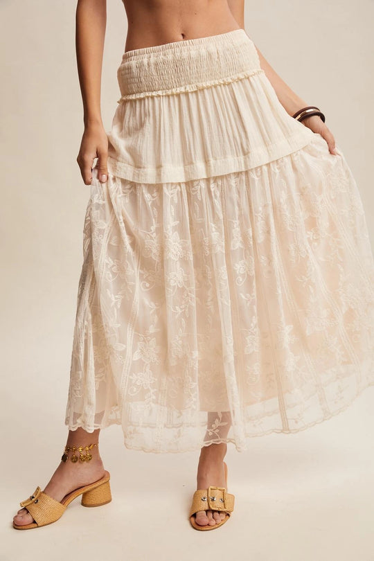 Ladies Listicle Embroidered Sheer Maxi Skirt - LSK0279-ECRU