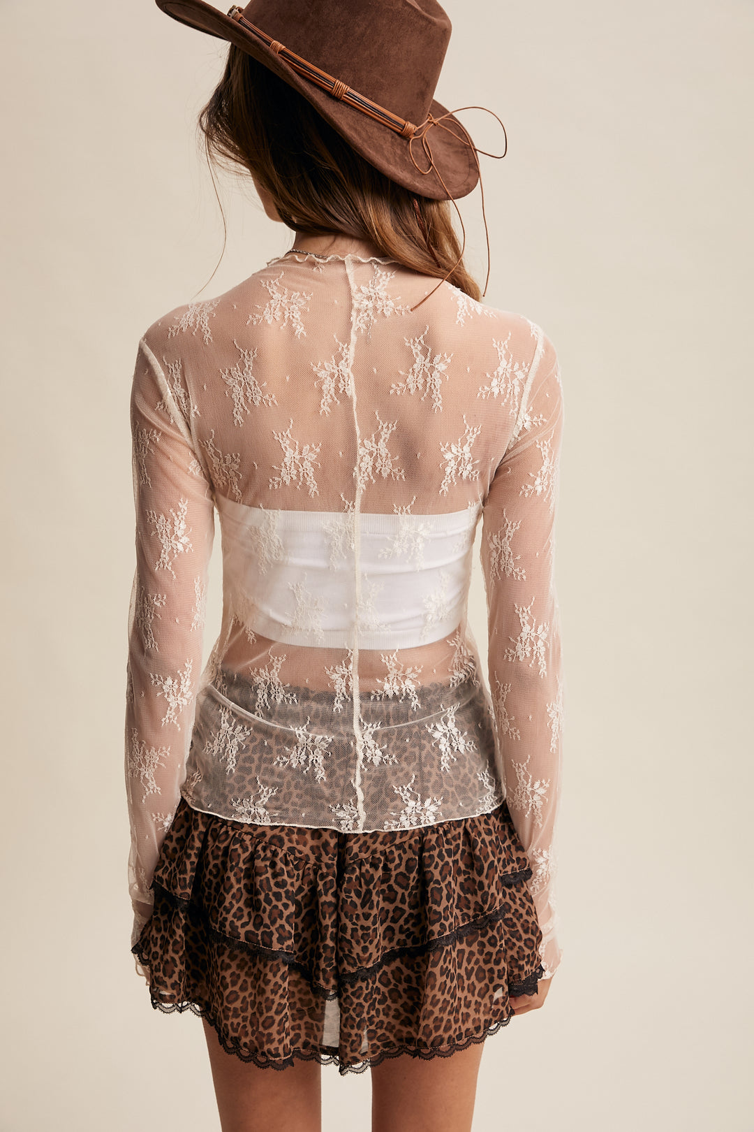 Ladies Listicle Sheer Lace Long-Sleeve Top - LT1354-ECRU