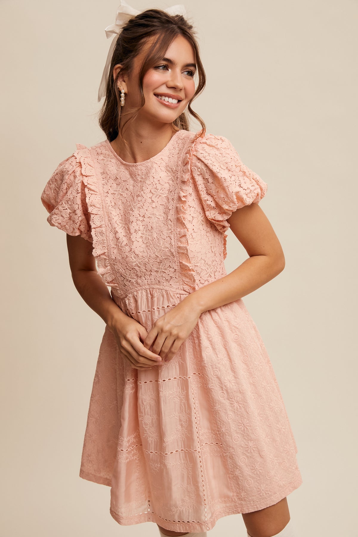 Ladies Listicle Lace Mixed Fabric Puff Sleeve Mini Dress - LD1511 Large Ladies Listicle Lace Mixed Fabric Puff Sleeve Mini Dress - LD1511 Large
