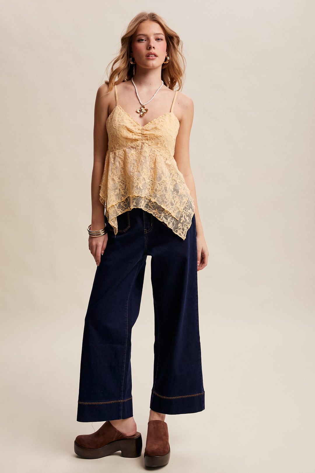 Listicle Contrast Stitch Wide Leg Stretch Denim Pants - LP0275
