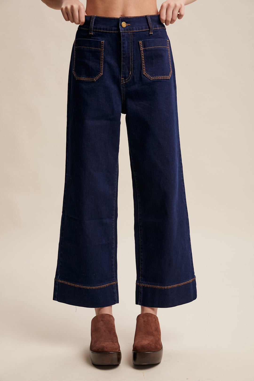 Listicle Contrast Stitch Wide Leg Stretch Denim Pants - LP0275