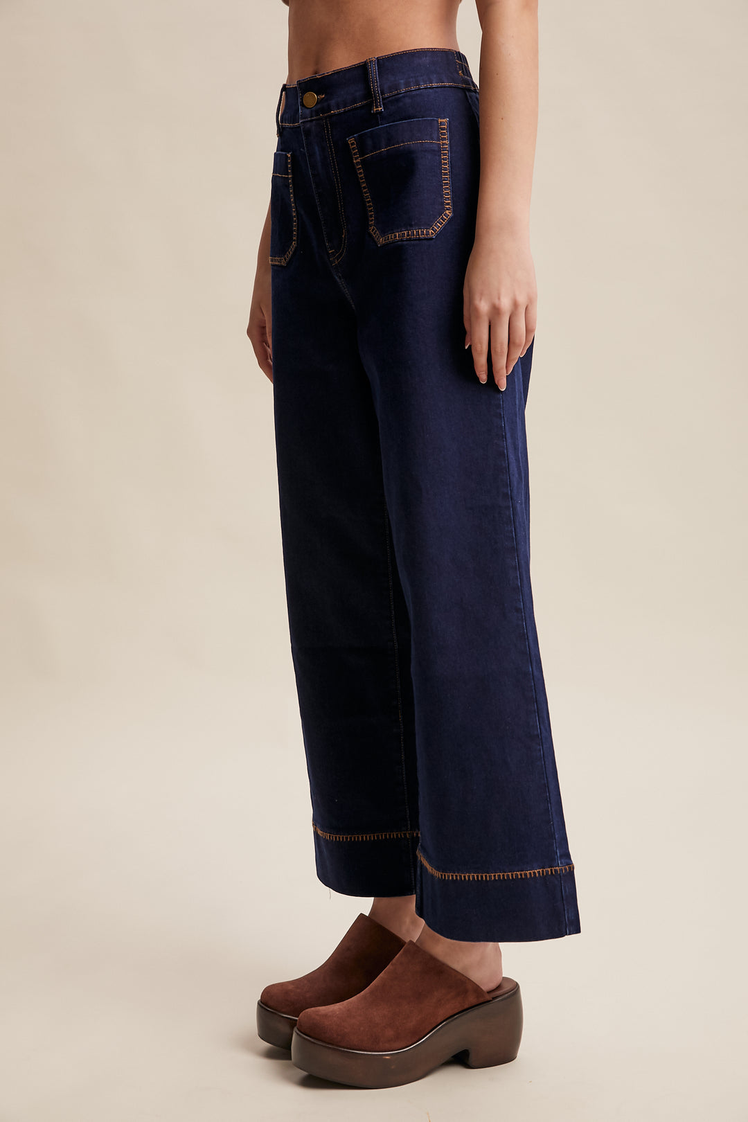 Listicle Contrast Stitch Wide Leg Stretch Denim Pants - LP0275