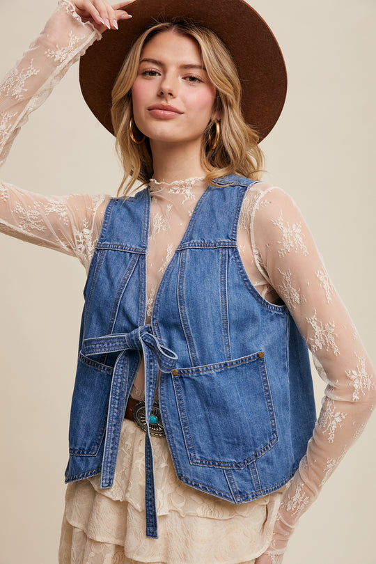 Ladies Listicle Denim Tie-Front Vest - LVT006