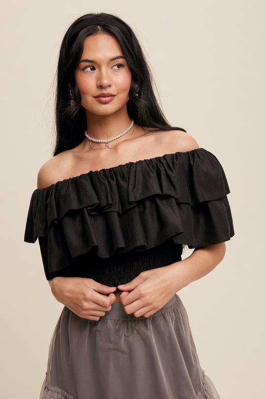 Ladies Listicle Tiered Ruffle Smocked Crop Top - LT1342-BLK
