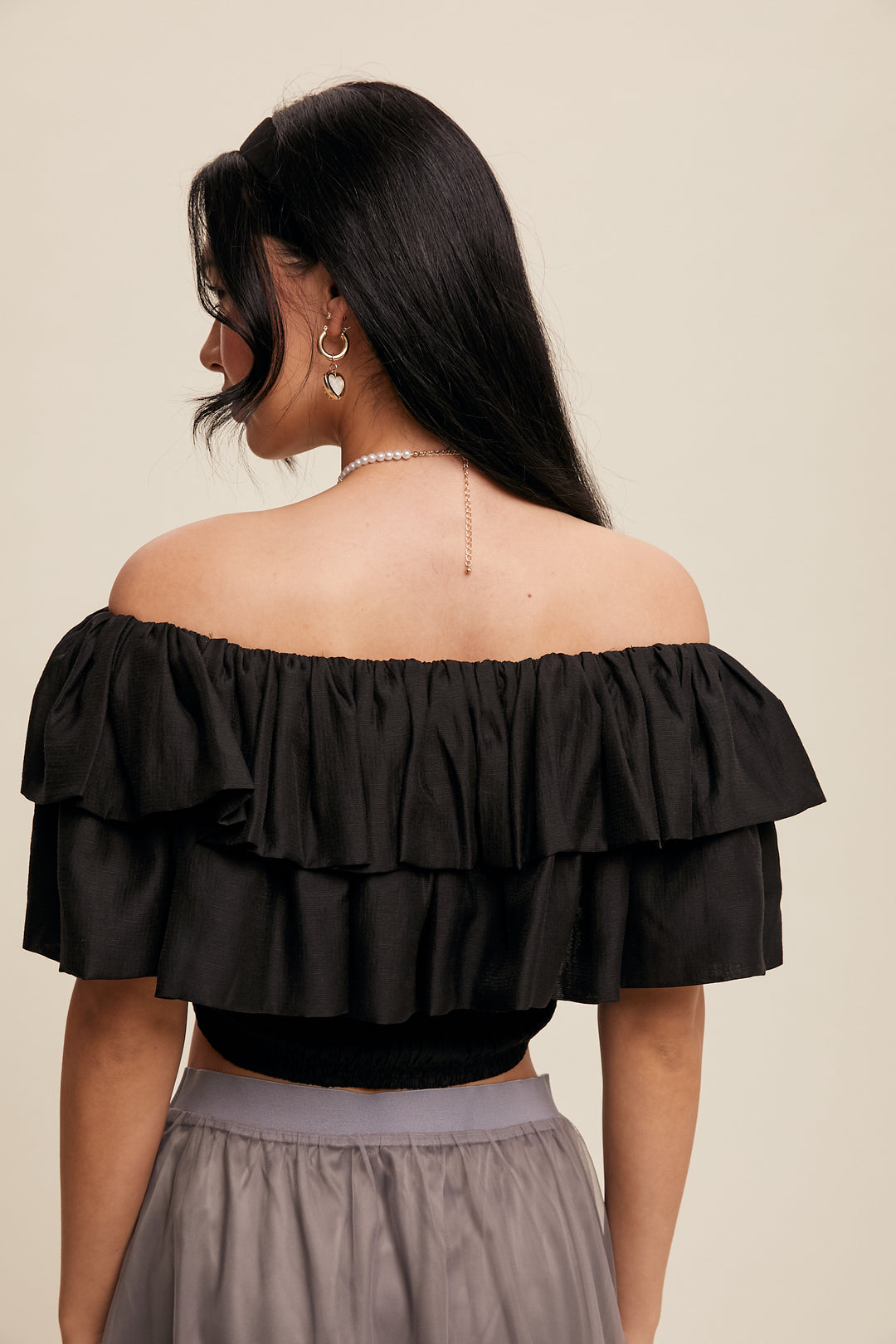 Ladies Listicle Tiered Ruffle Smocked Crop Top - LT1342-BLK
