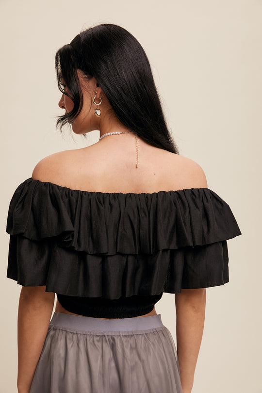 Ladies Listicle Tiered Ruffle Smocked Crop Top - LT1342-BLK