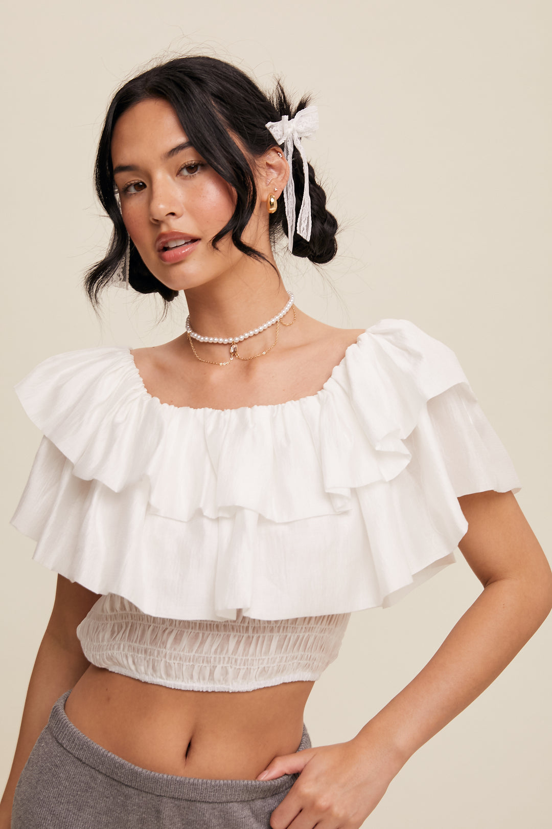 Ladies Listicle Tiered Ruffle Smocked Crop Top - LT1342-WHT