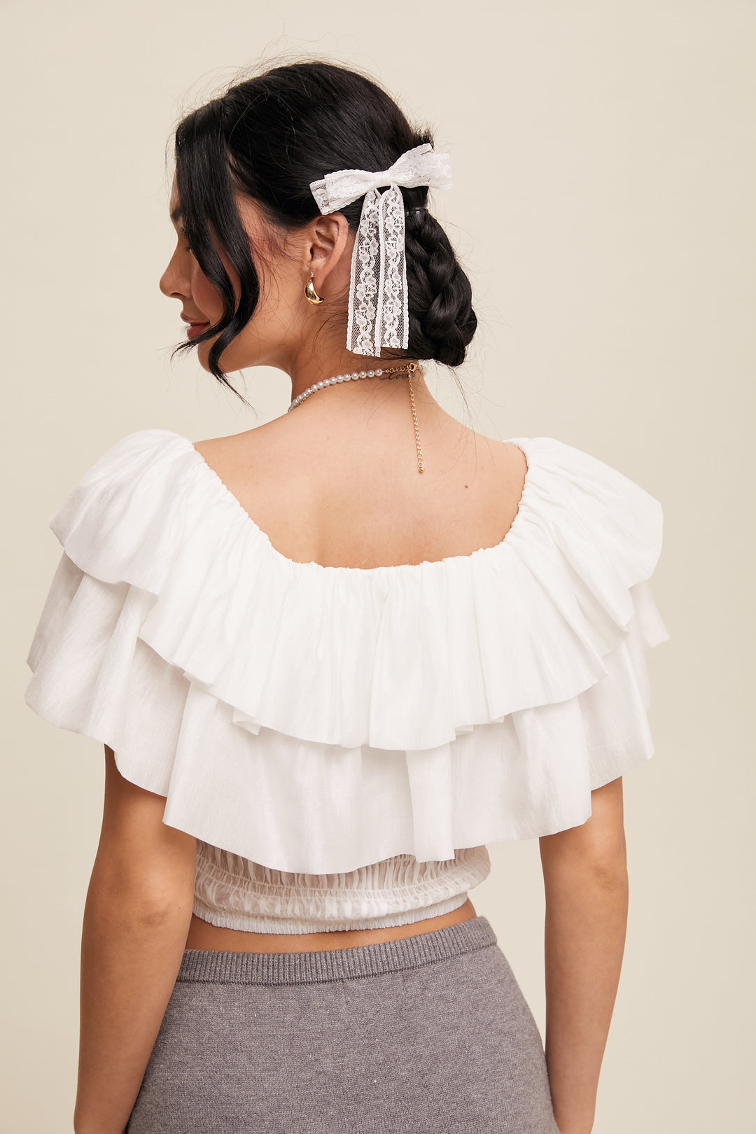 Ladies Listicle Tiered Ruffle Smocked Crop Top - LT1342-WHT