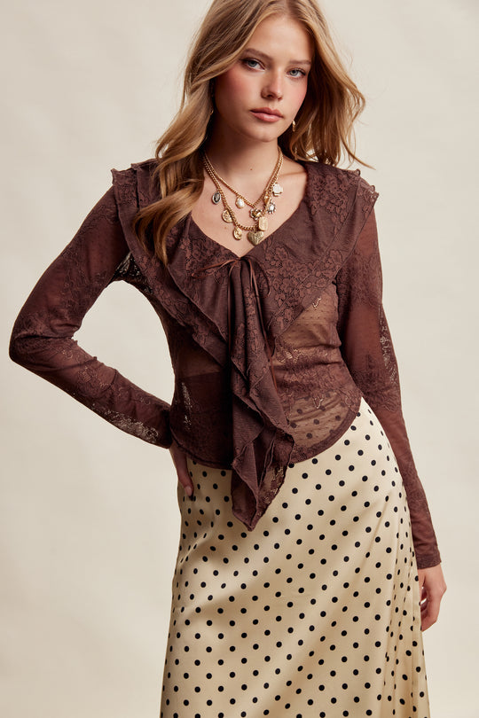 Ladies Listicle Stretch Lace Ruffle Tie Top - LT1489-MCH