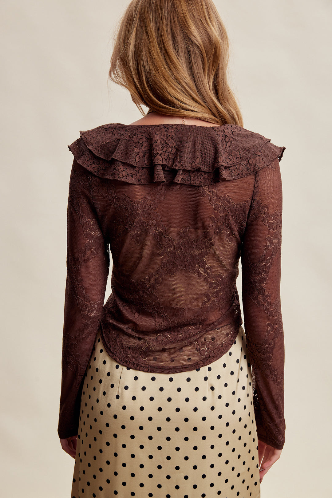 Ladies Listicle Stretch Lace Ruffle Tie Top - LT1489-MCH