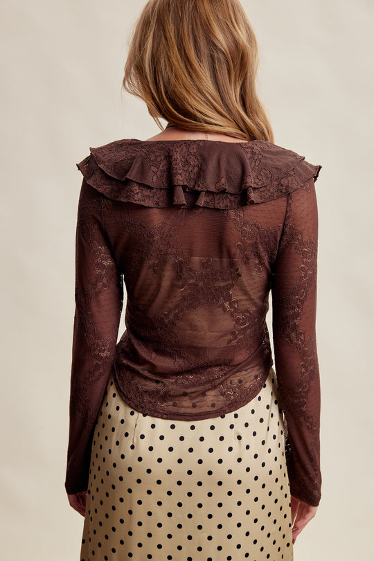 Ladies Listicle Stretch Lace Ruffle Tie Top - LT1489-MCH
