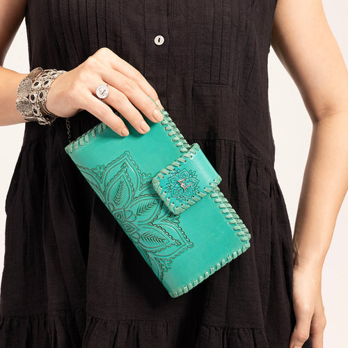 Loyal West Desert Lotus Wallet - Turquoise Handtooled Leather & Calfskin - LW-SS25-168-LW