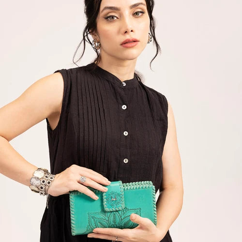 Loyal West Desert Lotus Wallet - Turquoise Handtooled Leather & Calfskin - LW-SS25-168-LW