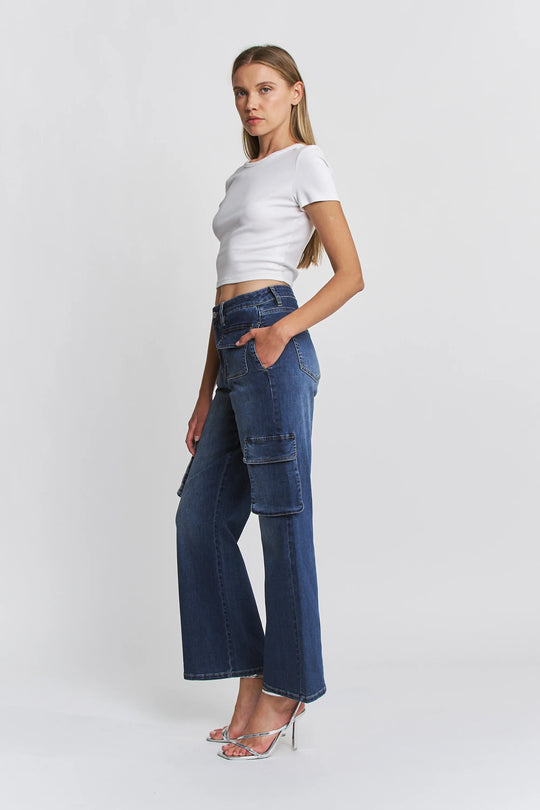 Ladies Mica Denim High Rise Wide Leg Cargo - MTT-R3606