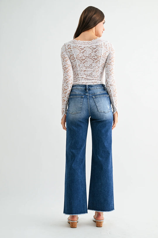Ladies Mica Denim High Rise Wide Leg with Embellishment Tarawera Pearl - MDP-W3651DK