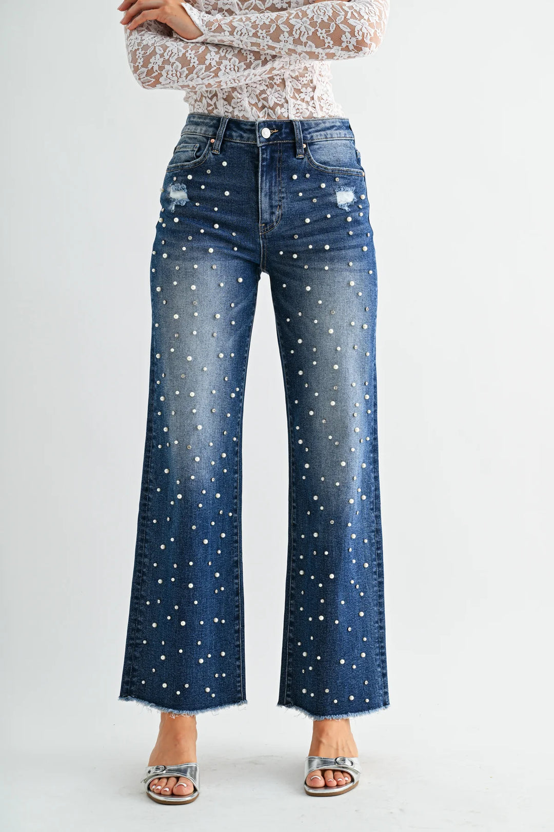 Ladies Mica Denim High Rise Wide Leg with Embellishment Tarawera Pearl - MDP-W3651DK