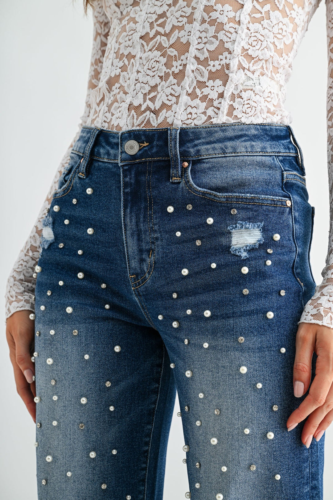 Ladies Mica Denim High Rise Wide Leg with Embellishment Tarawera Pearl - MDP-W3651DK