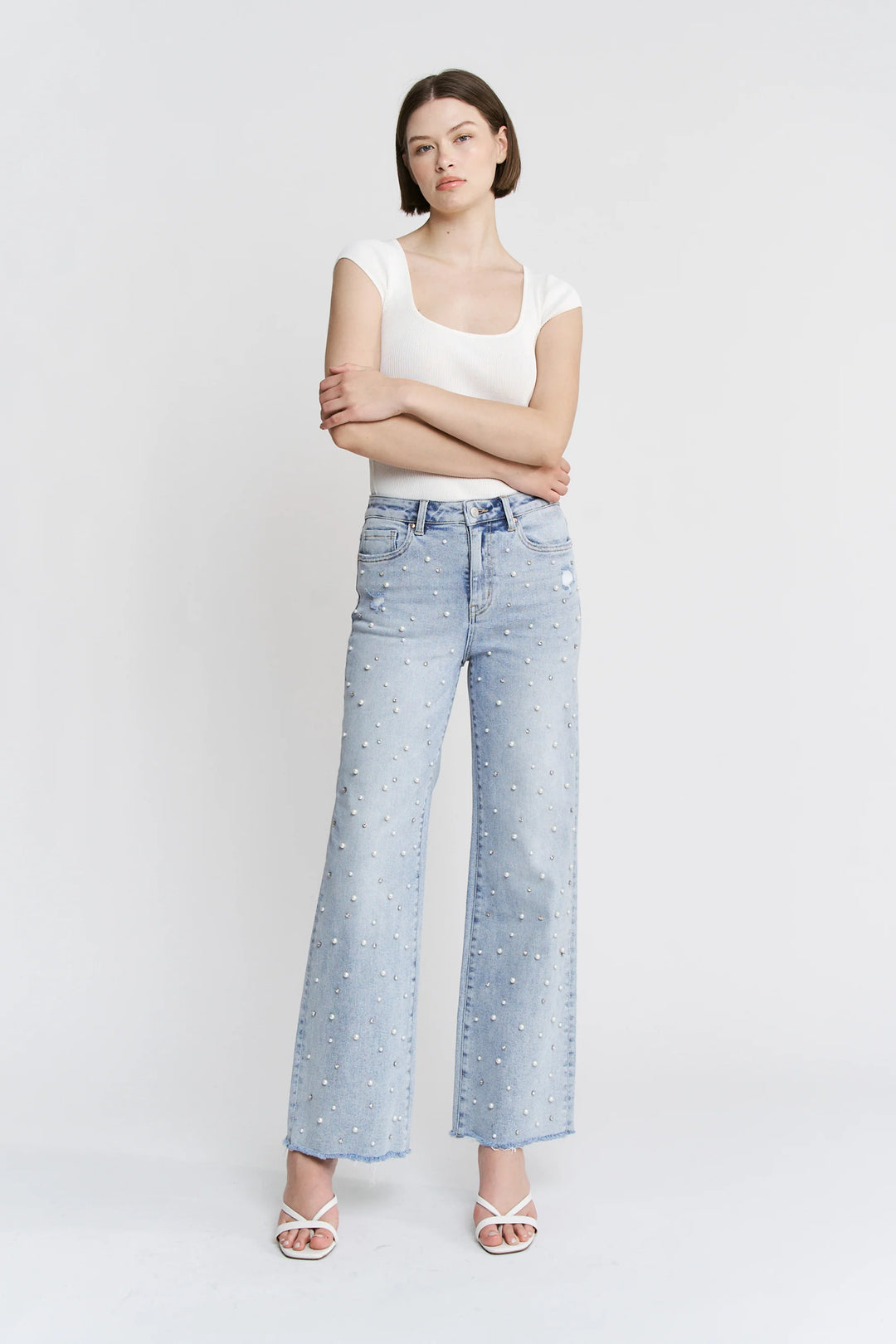Ladies Mica Denim High Rise Wide Leg Rhinestone and Pearl - MDP-W3651