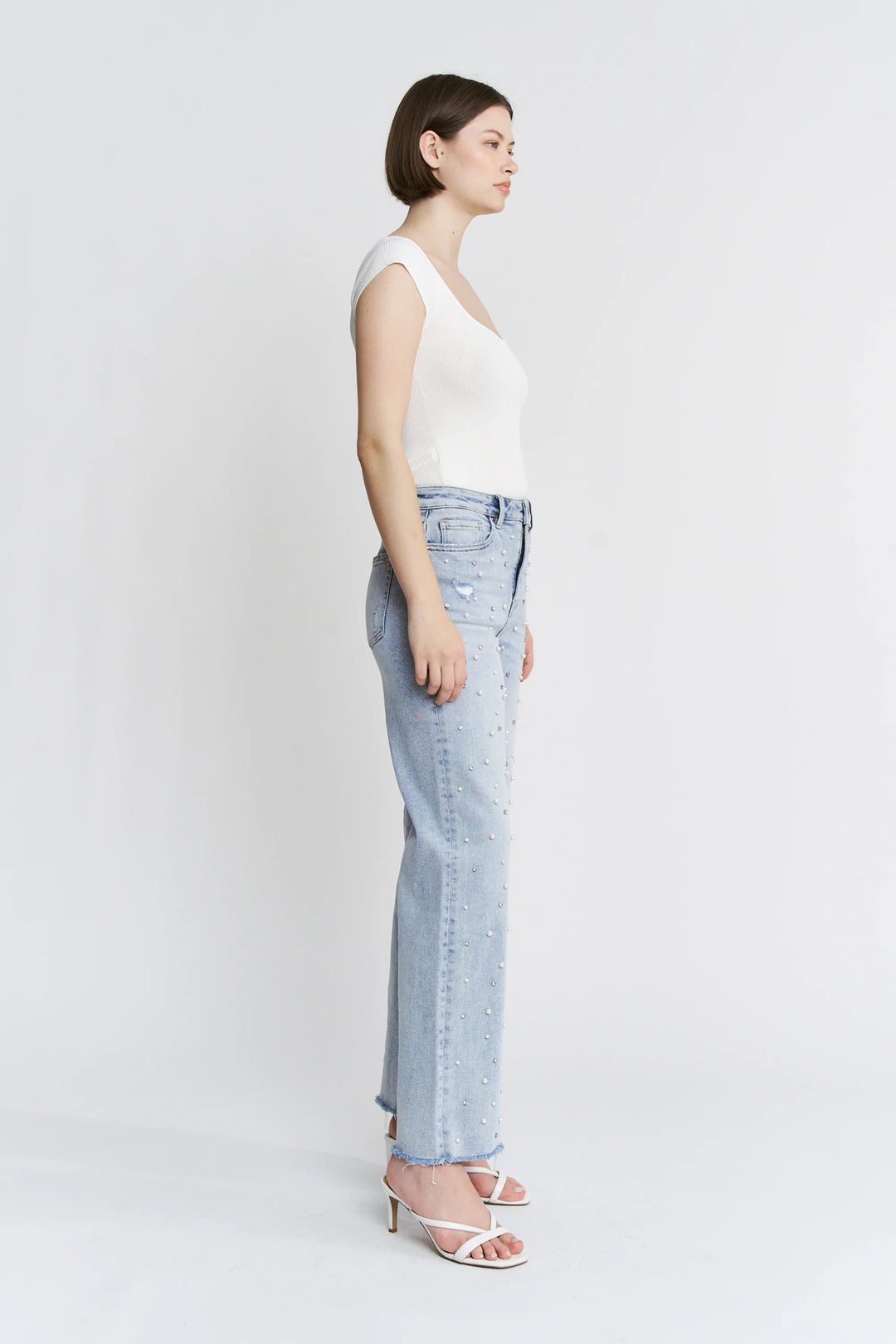 Ladies Mica Denim High Rise Wide Leg Rhinestone and Pearl - MDP-W3651