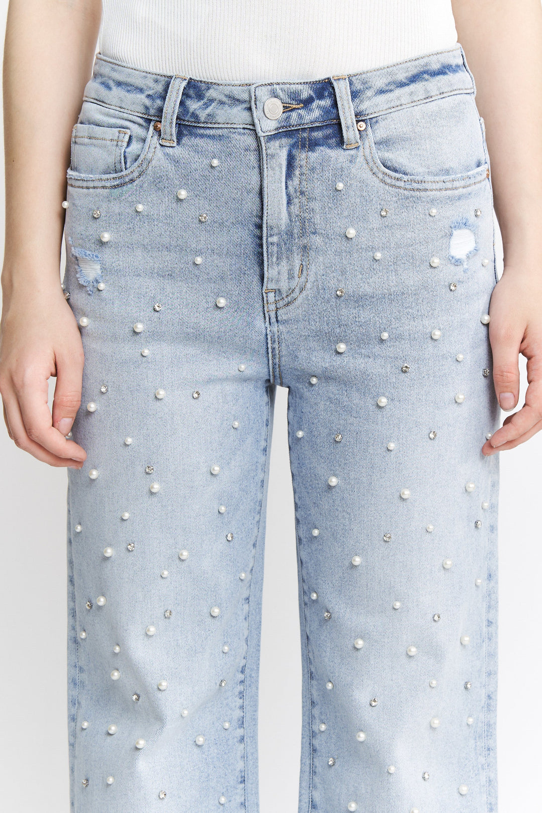 Ladies Mica Denim High Rise Wide Leg Rhinestone and Pearl - MDP-W3651
