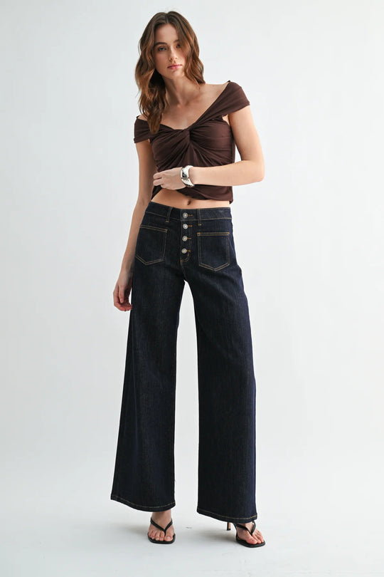 Ladies Mica Denim High Rise Wide Leg Button Up Stratos Raw - MDP-W3786