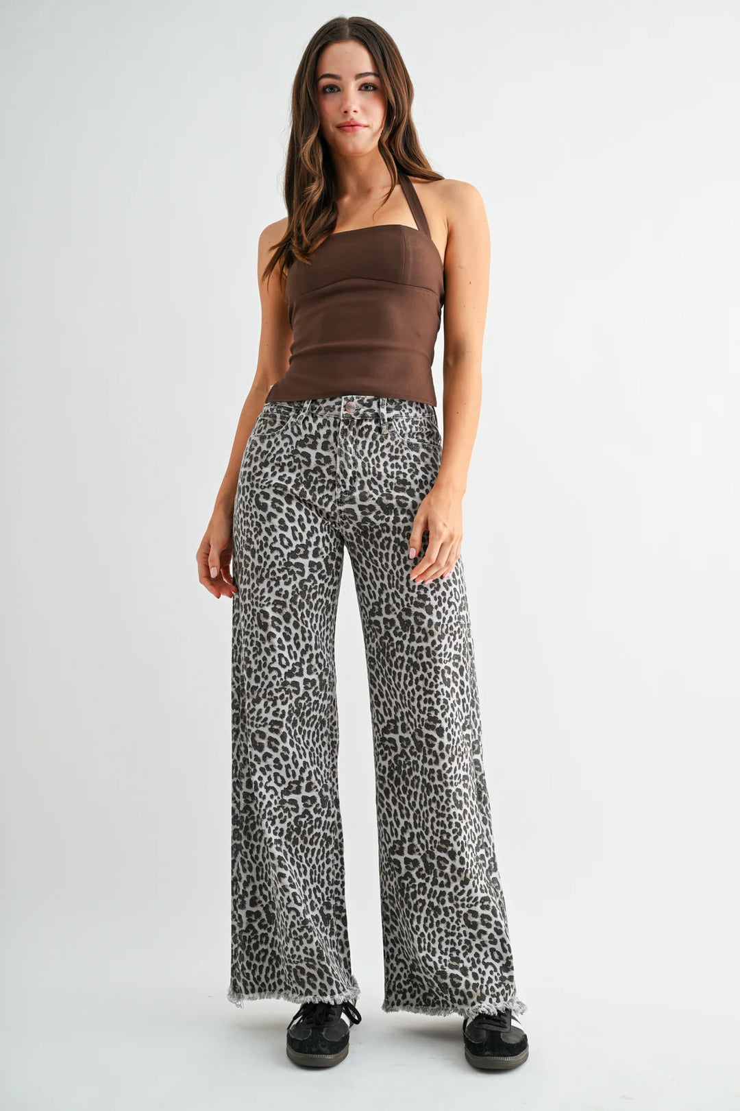 Ladies Mica Denim High Rise Wide Leg Leopard Jeans - MDP-W3903