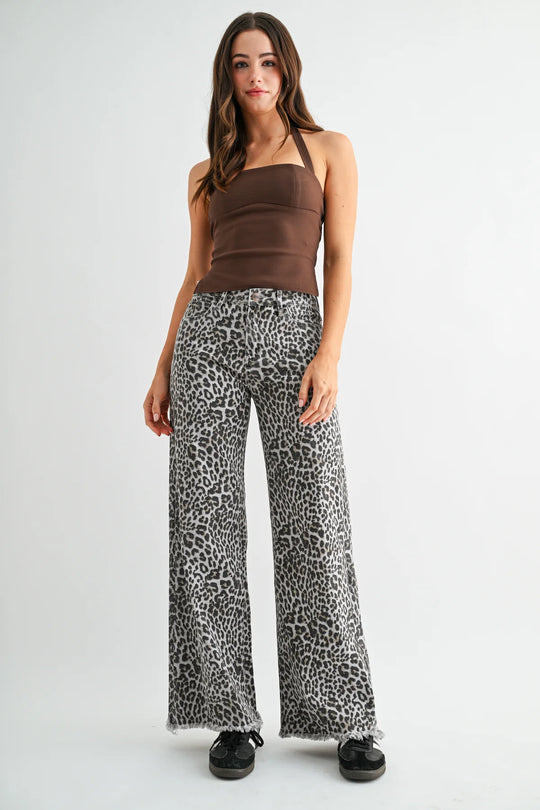 Ladies Mica Denim High Rise Wide Leg Leopard Jeans - MDP-W3903