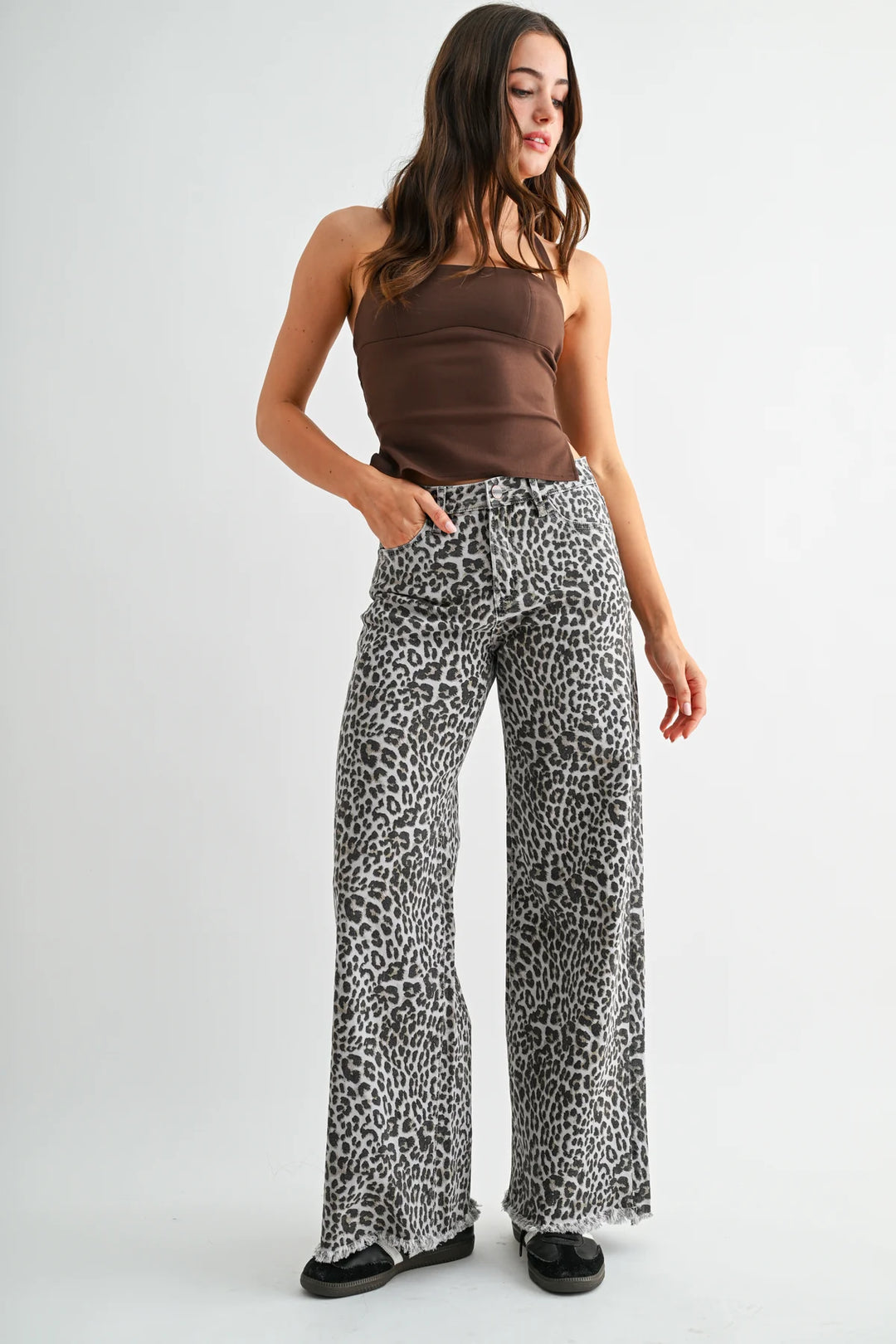 Ladies Mica Denim High Rise Wide Leg Leopard Jeans - MDP-W3903