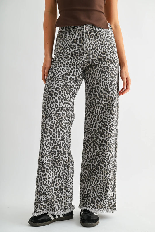 Ladies Mica Denim High Rise Wide Leg Leopard Jeans - MDP-W3903