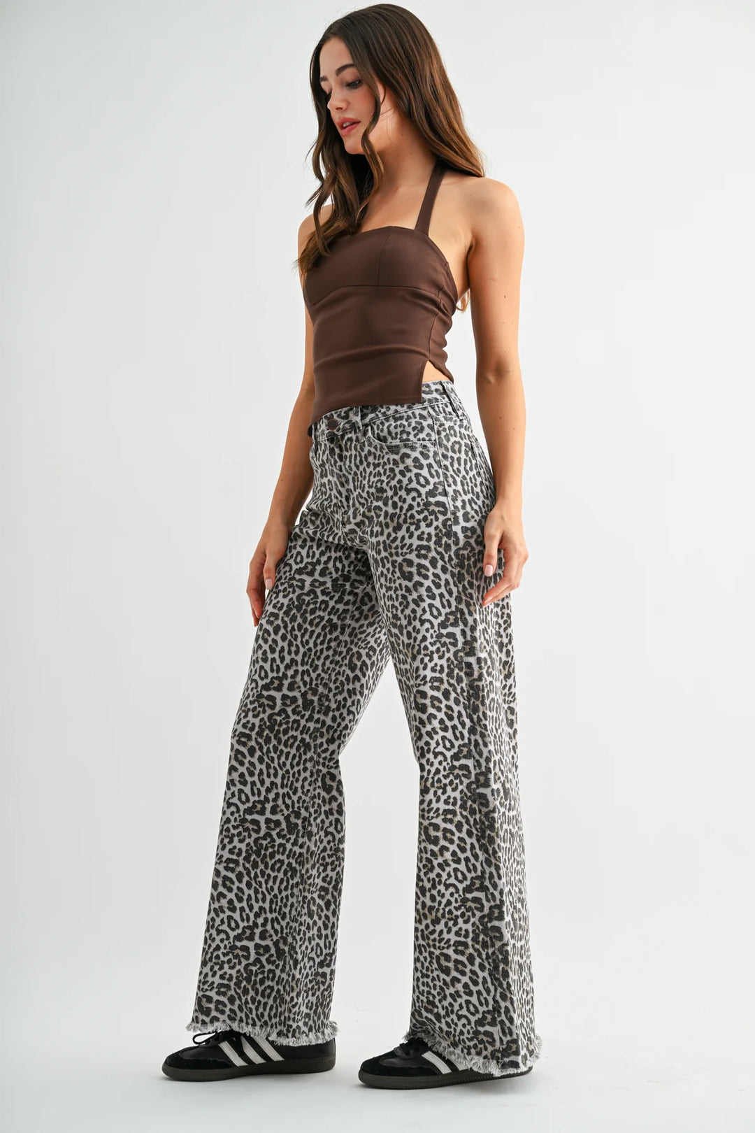 Ladies Mica Denim High Rise Wide Leg Leopard Jeans - MDP-W3903