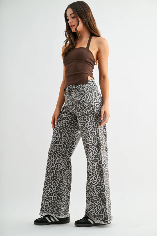 Ladies Mica Denim High Rise Wide Leg Leopard Jeans - MDP-W3903