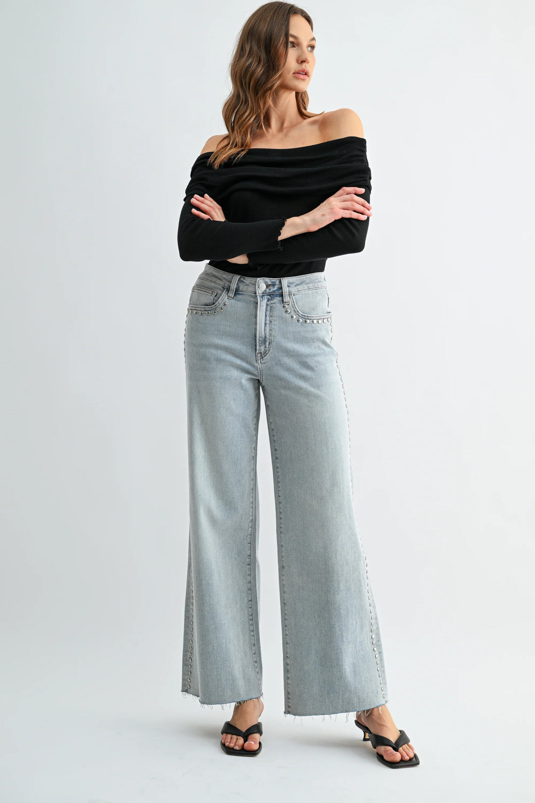 Ladies Mica Denim HIGH-RISE WIDE LEG RAW HEM STUDDED JEANS - MDP-W3904